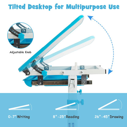 Kids Desk and Chair Set, Height Adjustable Study Table with Tilted Desktop, Drawer and Pen Slot