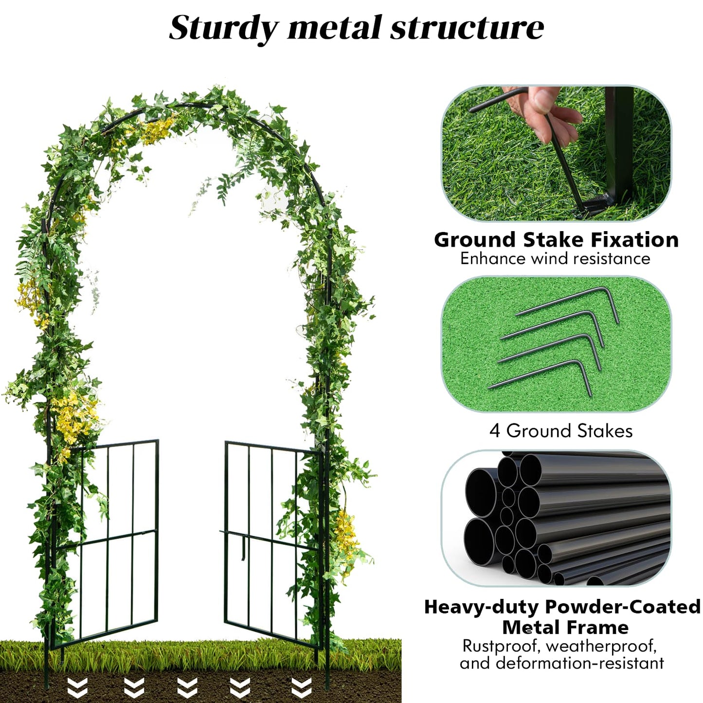 GiantexUK Metal Garden Arch with Gate, Heavy Duty Trellis Pergola Arbour with 4 Ground Stakes, 110 x 35 x 230cm