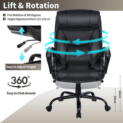 500LBS Big & Tall Executive Office Chair, Height Adjustable Leather Computer Desk Chair with Rocking Backrest & Arms, Home Office Ergonomic Swivel Task Chair