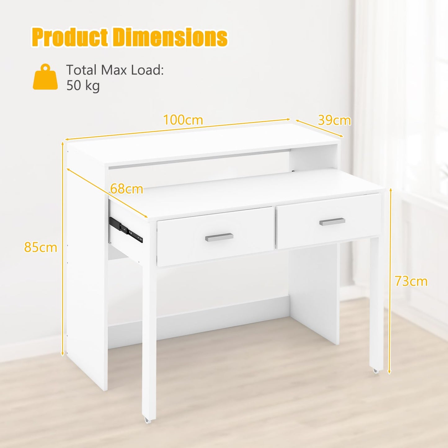 Extending Computer Desk, Wooden Study Writing Desk PC Laptop Table with 2 Storage Drawers