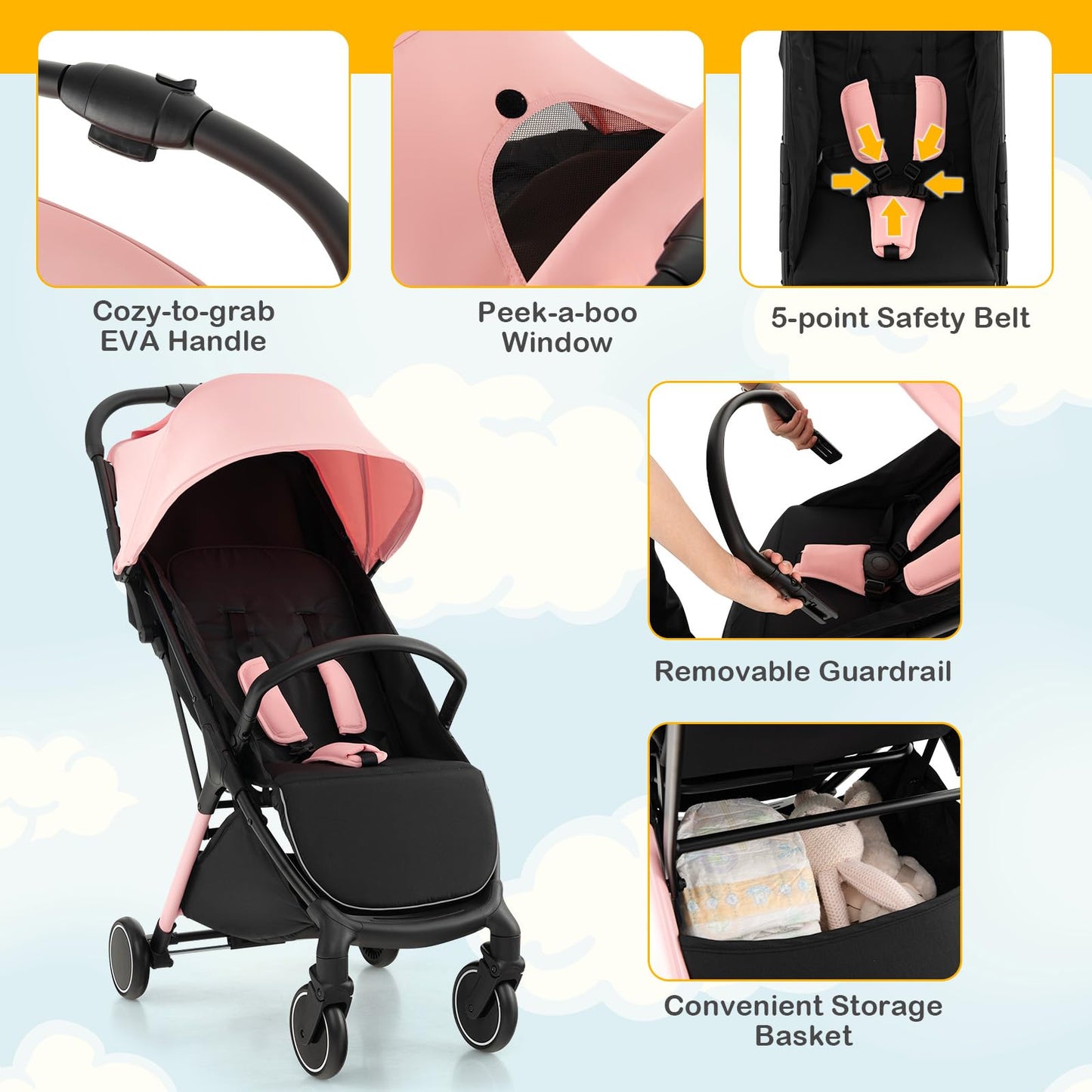 Baby Stroller, Protable Travel Buggy with Detachable Seat Cover, 5-Point Harness, Adjustable Canopy(Pink)