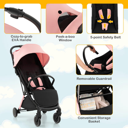 Baby Stroller, Protable Travel Buggy with Detachable Seat Cover, 5-Point Harness, Adjustable Canopy(Pink)