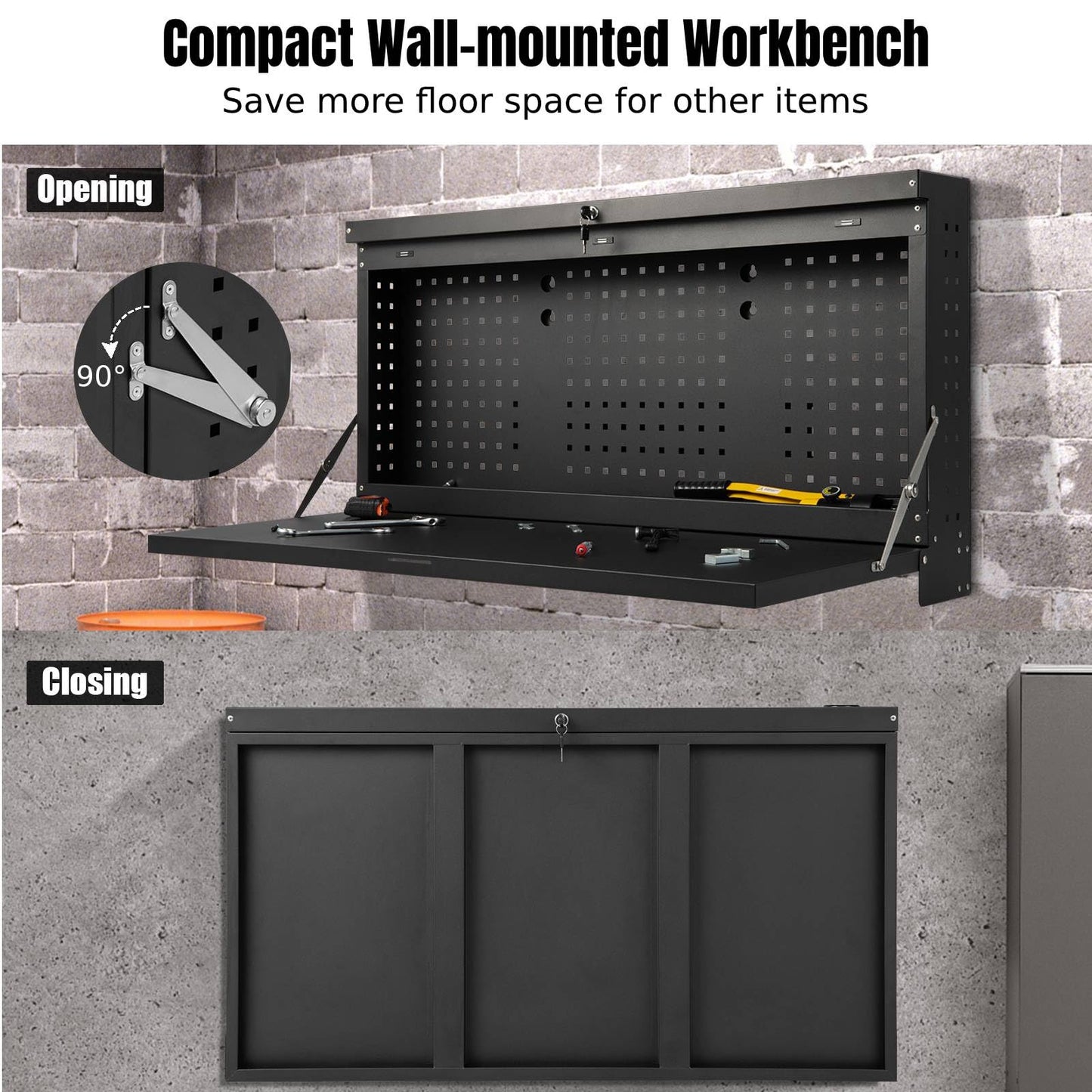 GiantexUK Wall-Mounted Workbench, Foldable Pegboard and Shelf Tool Rack Organiser Holder with Keys