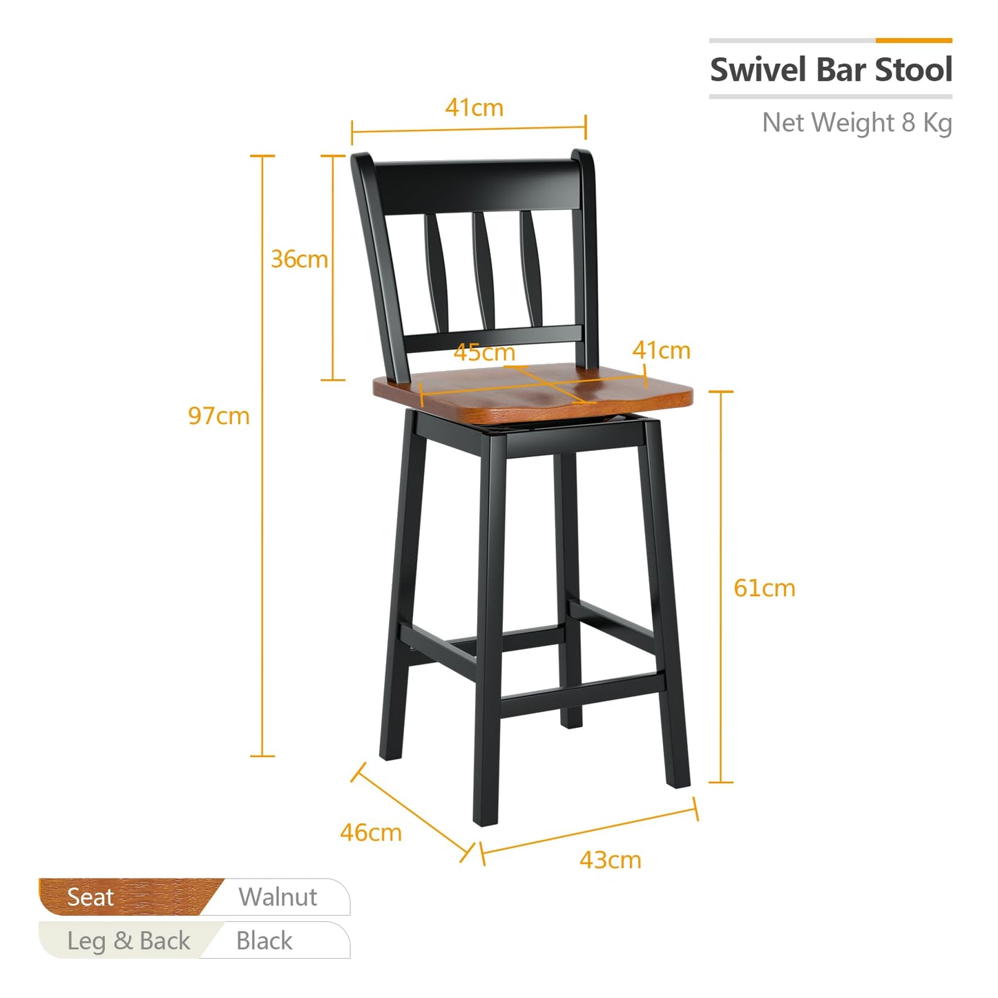 GiantexUK Bar Stools Set of 2, Rubber Wood Swivel Barstools with Back & Footrest