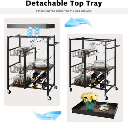 GiantexUK 4 Tier Service Cart, Industrial Kitchen Storage Trolley with Side Handle, Glass Holder, Removable Tray and Lockable Wheels