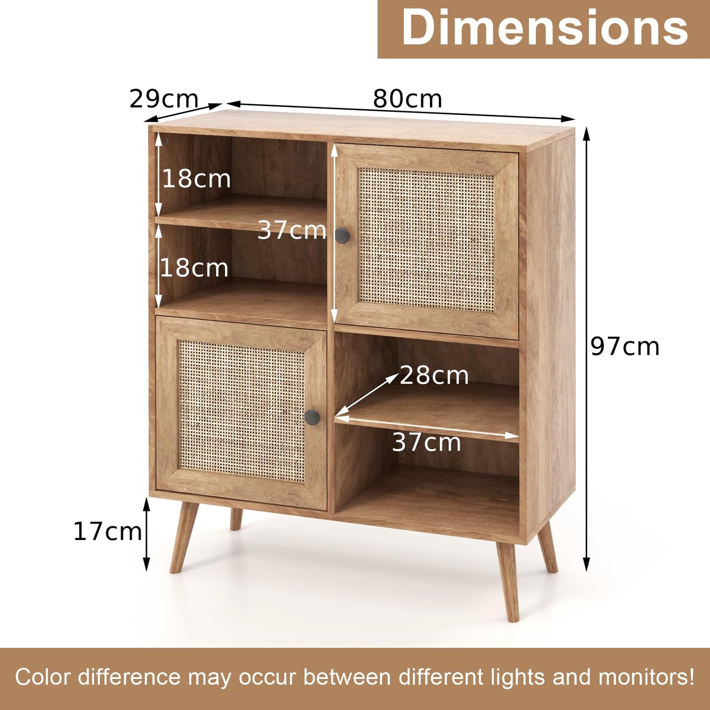 GiantexUK Rattan Storage Sideboard, Wooden Buffet Storage Cabinet with 2 Doors, 4 Open Cubbies & Anti-toppling Device