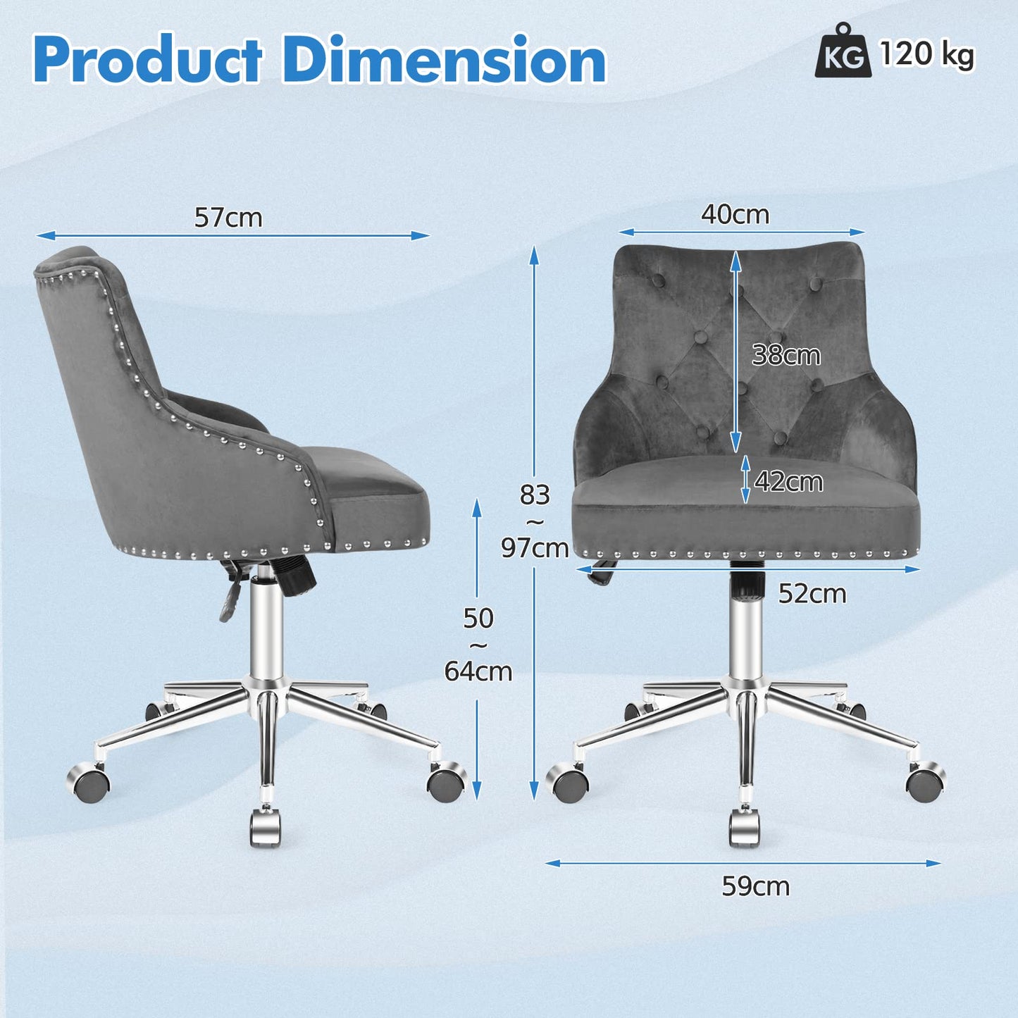 Velvet Office Chair, Height Adjustable Swivel Computer Desk Chair with Nailhead Trim