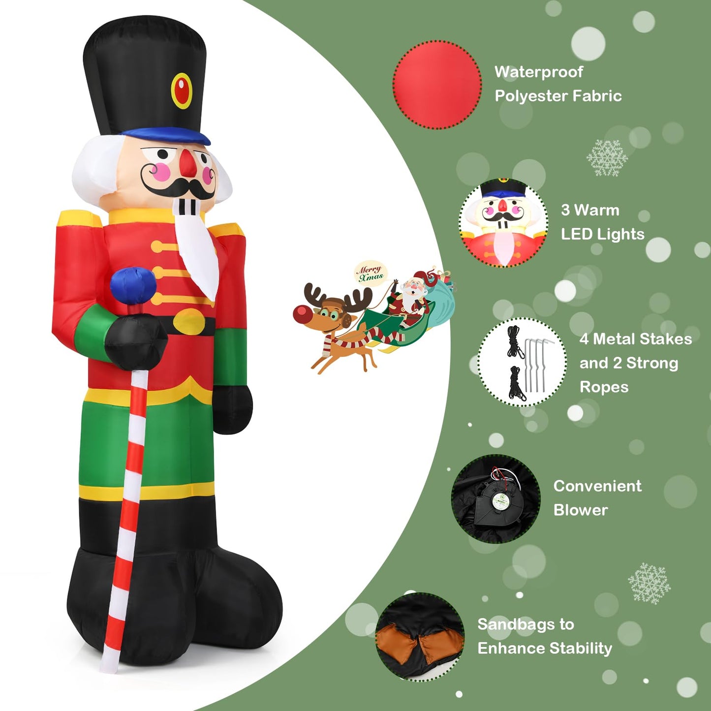 2.4M Inflatable Christmas Decoration, Giant Blow up Nutcracker Soldier with 3 LED Lights and Candy Scepter