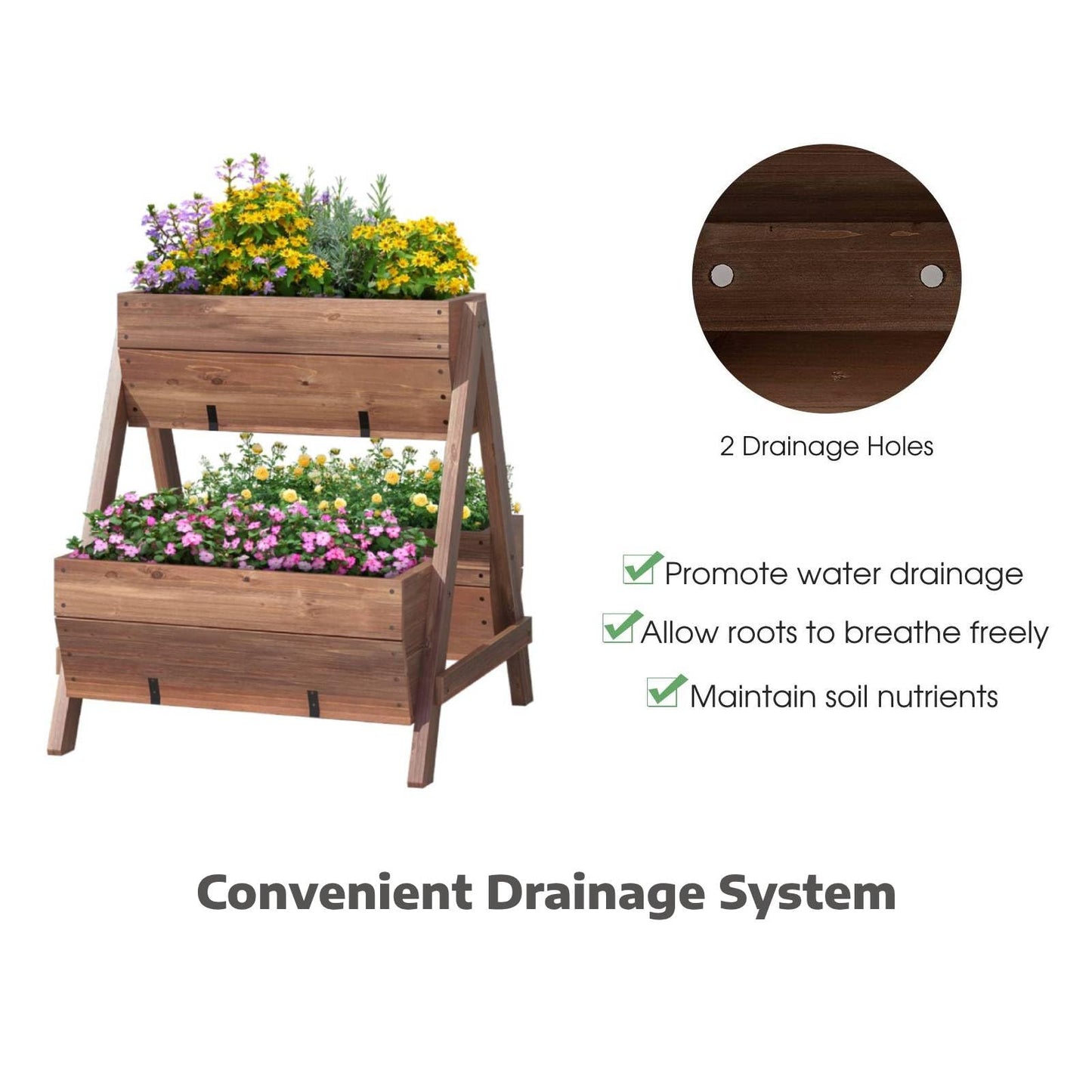 GiantexUK Wooden Raised Garden Bed, 2 Tier Vertical Ladder Garden Planter with Drainage Holes