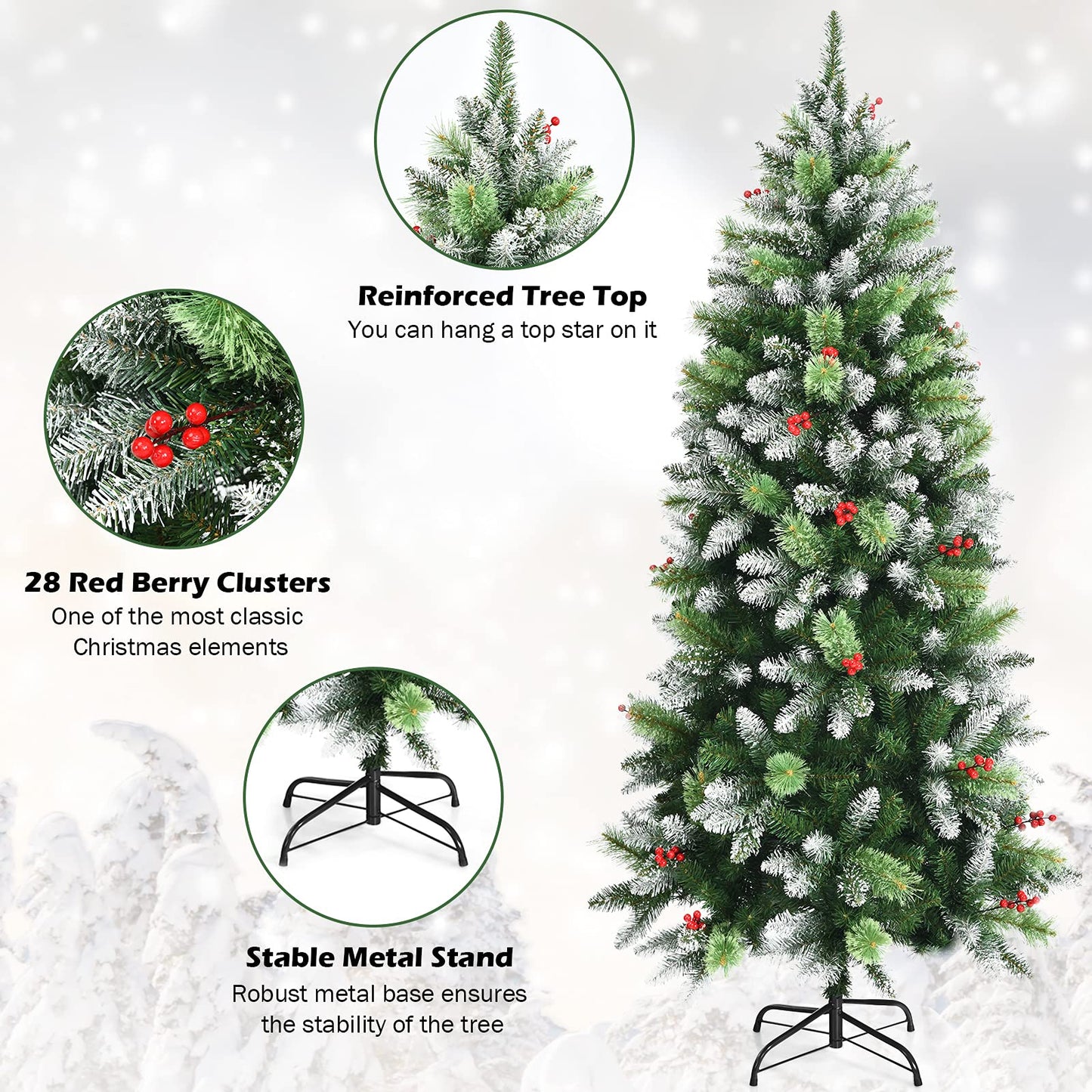 Artificial Pine Xmas Trees with Red Berries, PVC Tips & Metal Stand, Indoor Outdoor Christmas Decoration and Gift