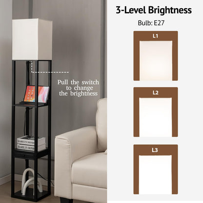 GiantexUK Floor Lamp with Shelves, 3 Layers Tall Standing Light with 2 USB Charging Ports and 1 Drawer (with Brightness Adjustable Bulb)