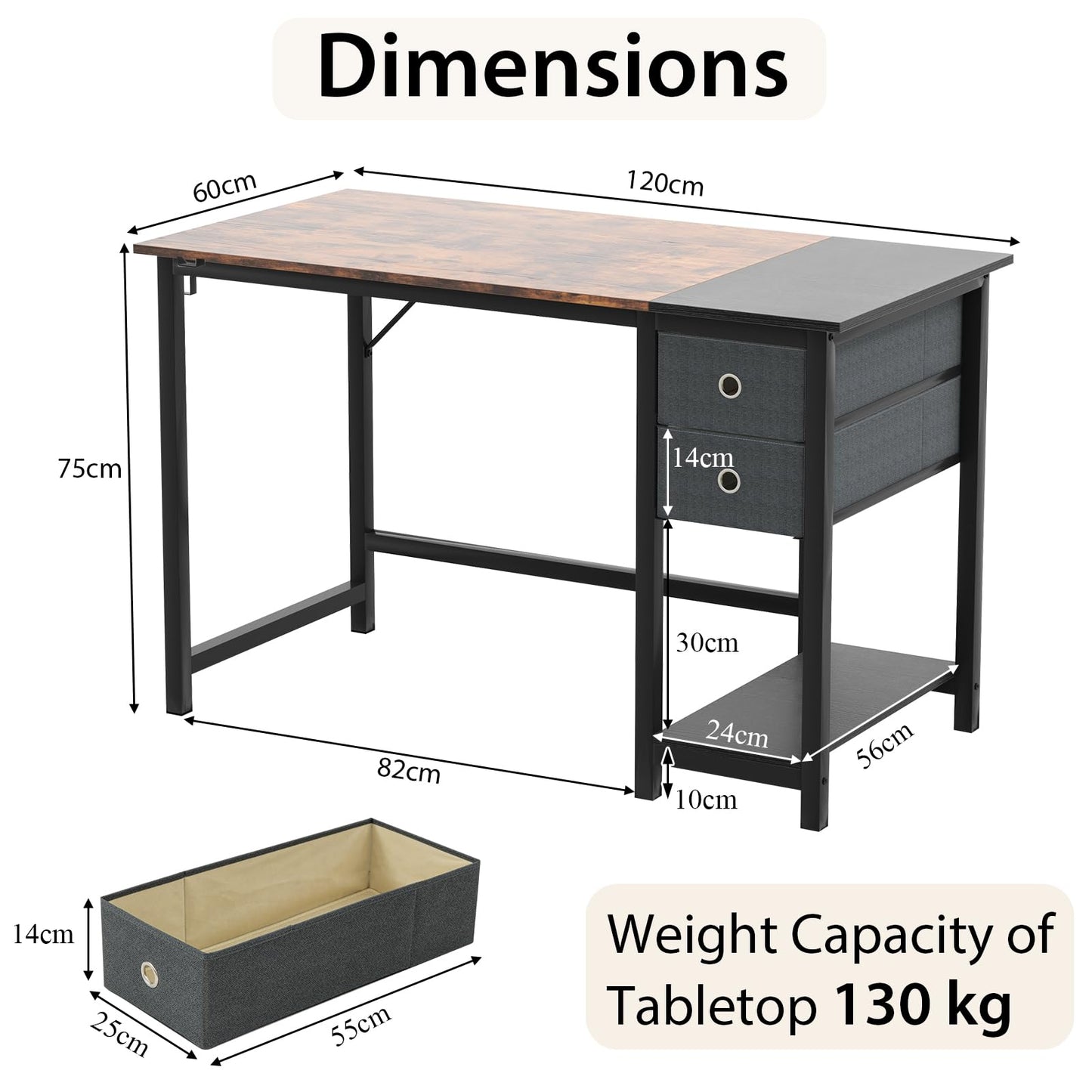 Computer Desk, Metal Frame Study Table Workstation with 2 Removable Drawers (120 x 60 x 75 cm)