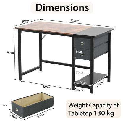 Computer Desk, Metal Frame Study Table Workstation with 2 Removable Drawers (120 x 60 x 75 cm)