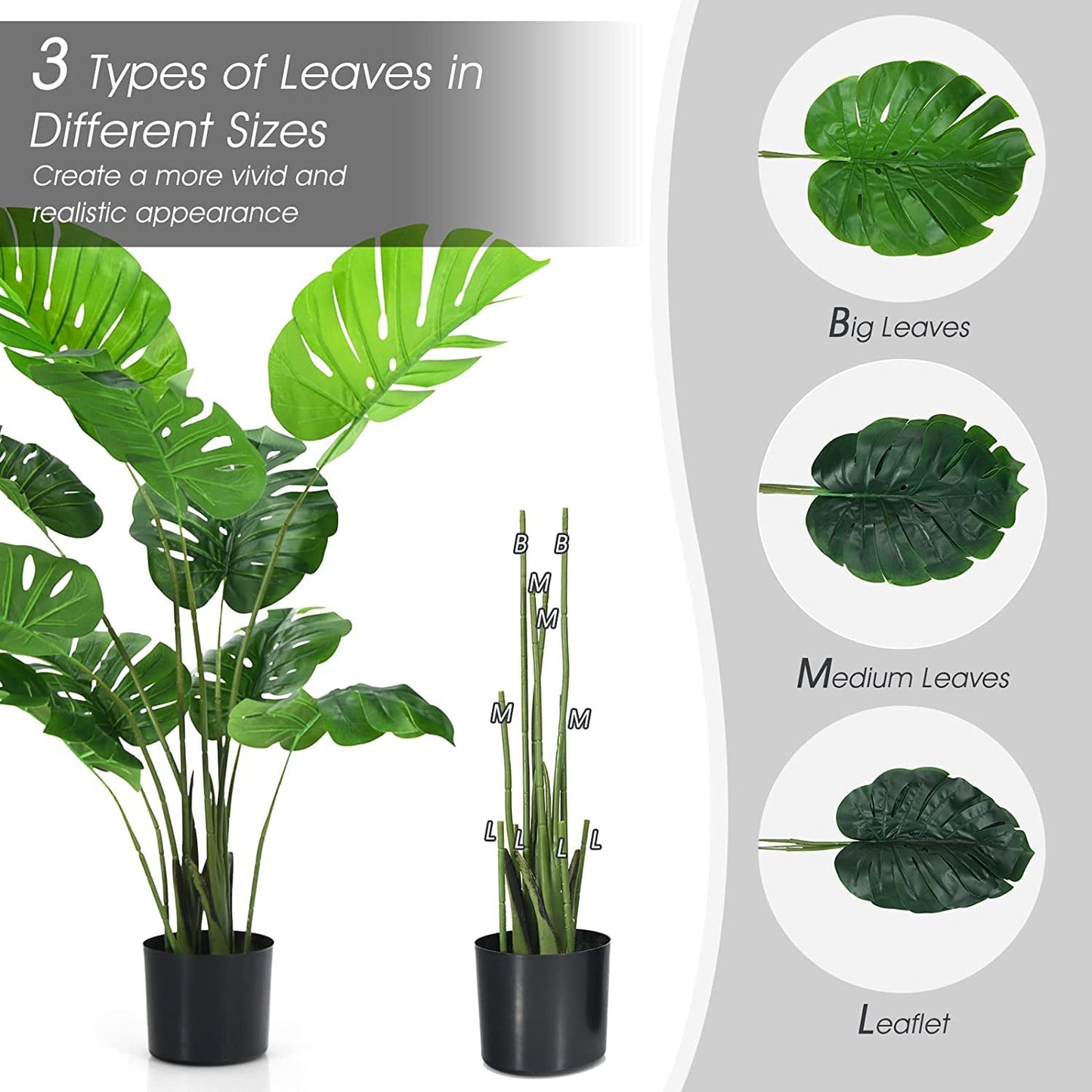 GiantexUK 1/2PCS Artificial Monstera Plants, Fake Decorative Trees with Cement Pot and 10 PEVA Leaves