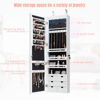 Wall & Door Mounted Jewellery Cabinet, 5 LED Lighted Lockable Jewelry Armoire with Full-Length Mirror