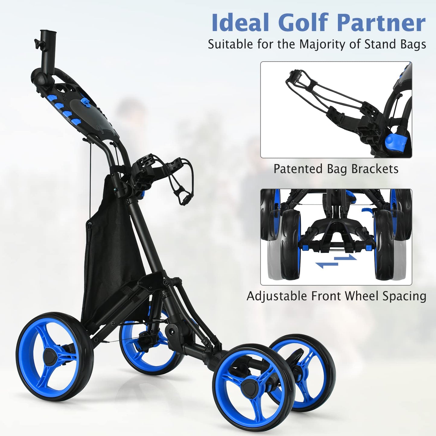 4 Wheel Golf Trolley, Lightweight Folding Golfs Push Pull Cart with Adjustable Height Handle, Umbrella Stand, Cup Holder and Foot Brake