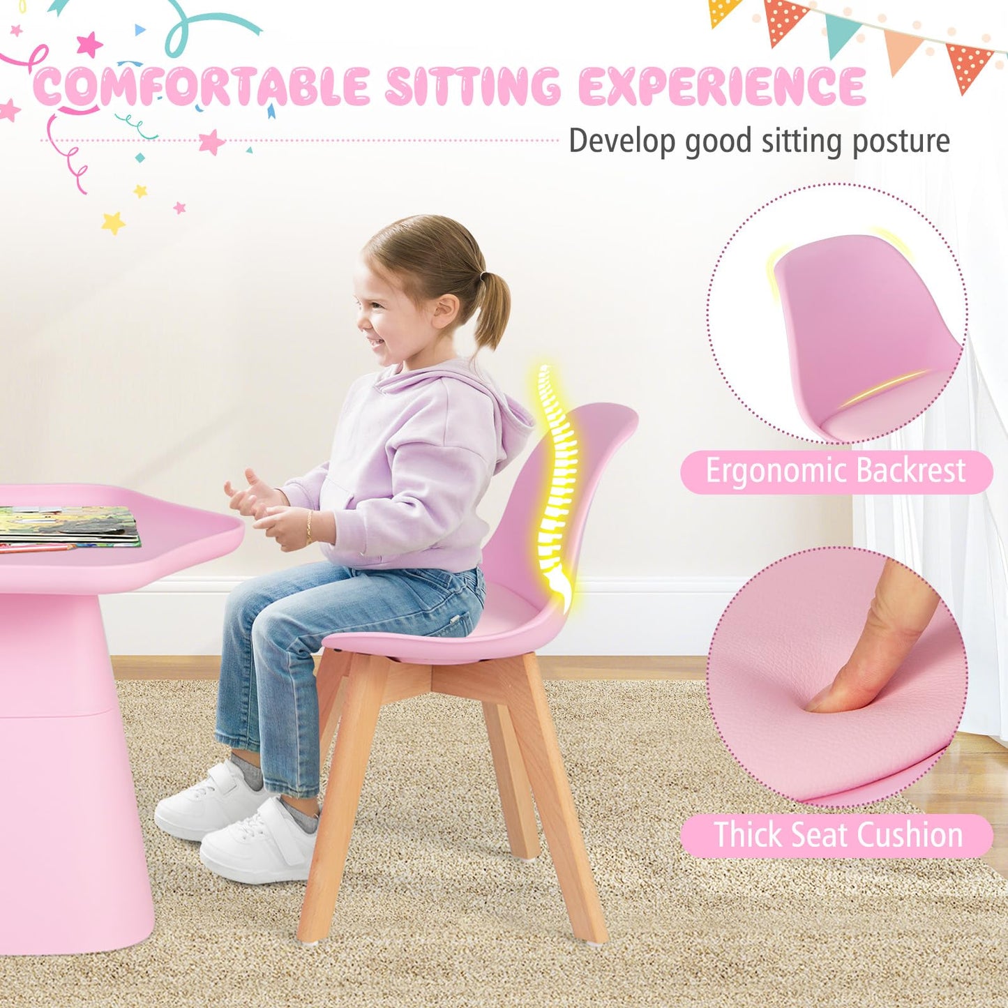 Kids Table and Chairs Set, Children Activity Table with Padded Seat Chairs, Beech Legs