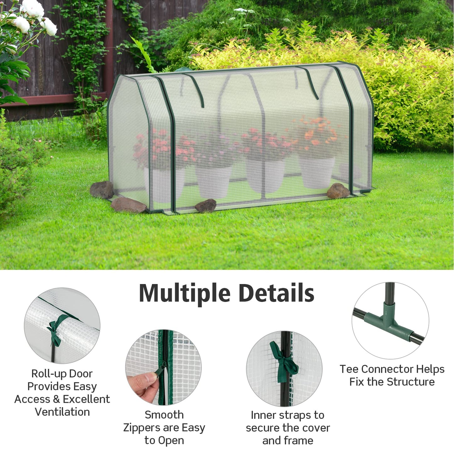 GiantexUK Mini Greenhouse, Steel Frame Poly Tunnel Growhouse with PE Cover & Roll-up Zipper Door