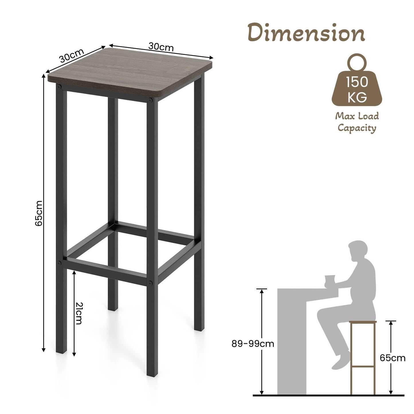 GiantexUK Bar Stools Set of 4, 65CM Seat Height Kitchen Barstools with Footrests & Anti-Slip Foot Pad (Gray + Black)