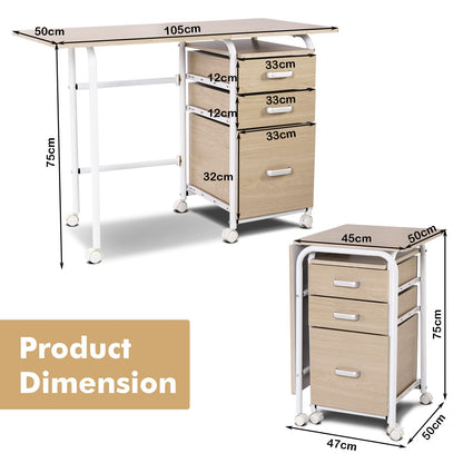 Folding Computer Desk, 2-In-1 Mobile PC Laptop Table with Rolling Wheels and 3 Drawers, 105x50x75cm