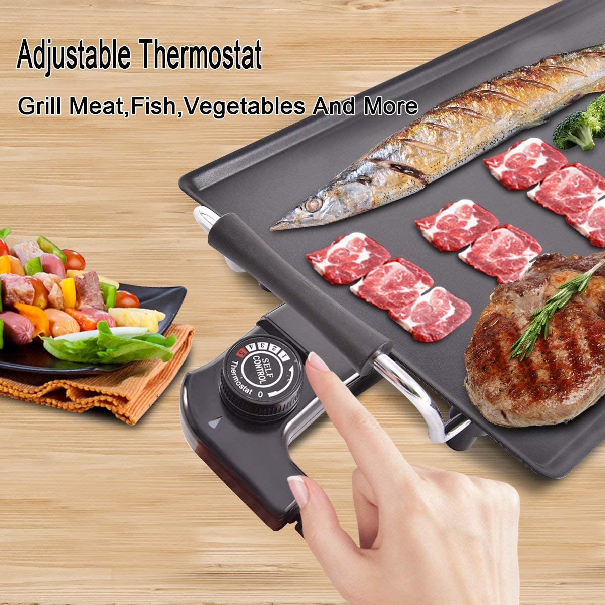 GiantexUK Teppanyaki Grill Table, Non-Stick Electric Barbecue Griddle with 6 Wooden Shovels and 2 Egg Rings(48 x 27 cm)