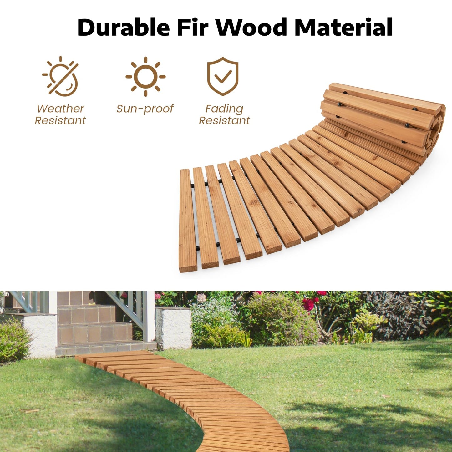 GiantexUK Roll Out Garden Path Walkway, 43/53 x 216cm Wooden Curved Pathway with Non-Slip Surface