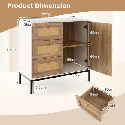 GiantexUK Rattan Kitchen Sideboard, Wooden Freestanding Cupboard with 3 Drawers, Door Cabinet & Metal Legs