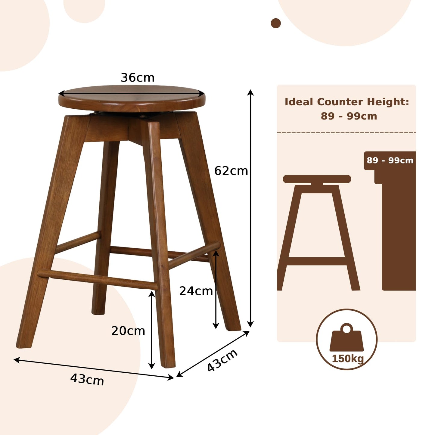 GiantexUK Bar Stools Set of 2/4, Rubber Wood Swivel Barstools with Footrests & Non-Slip Foot Pads