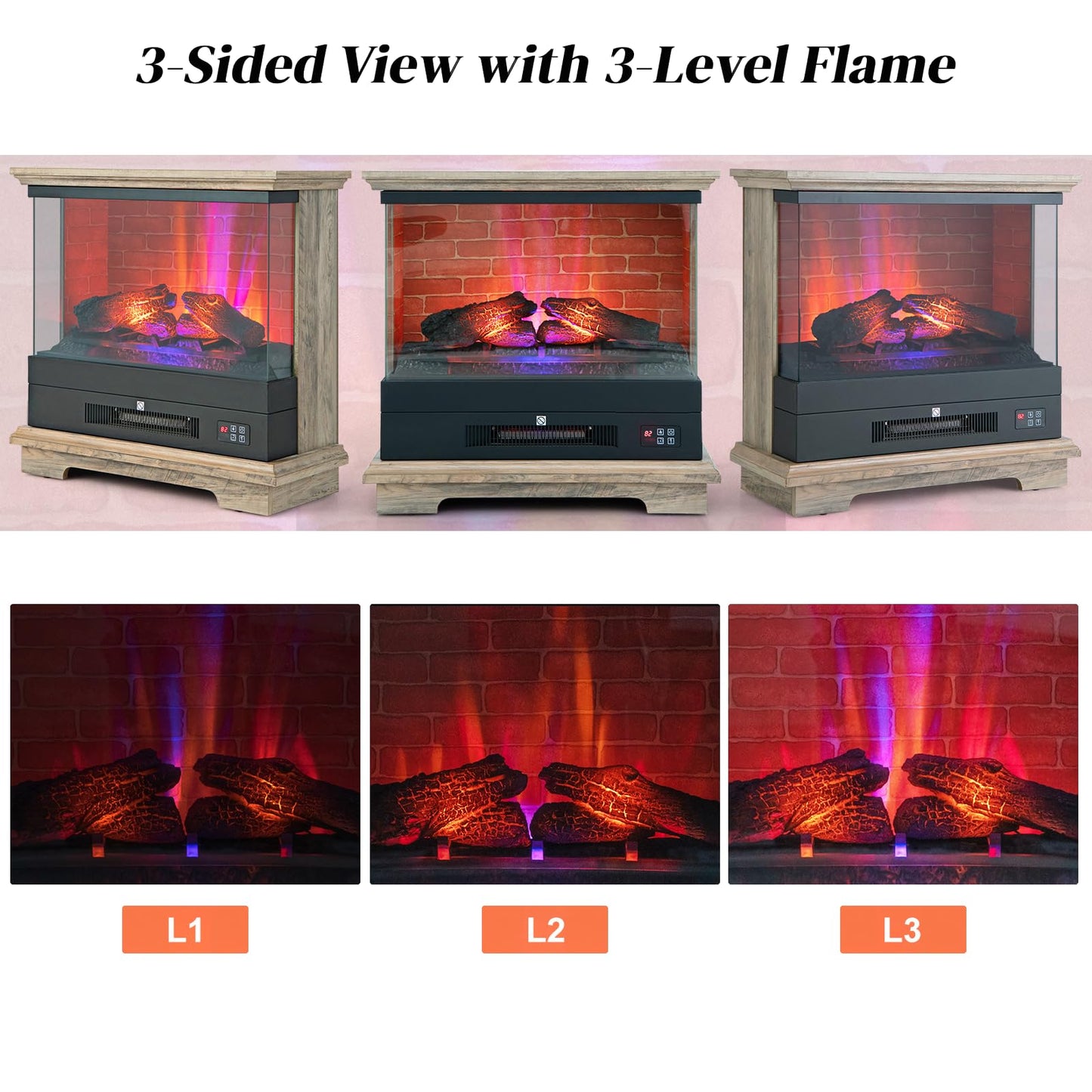 GiantexUK 27”/68cm Electric Fireplace, 3-Sided Fire Heater with 3-Level Flame Effect, Adjustable Temperature, Timer & Overheat Protection