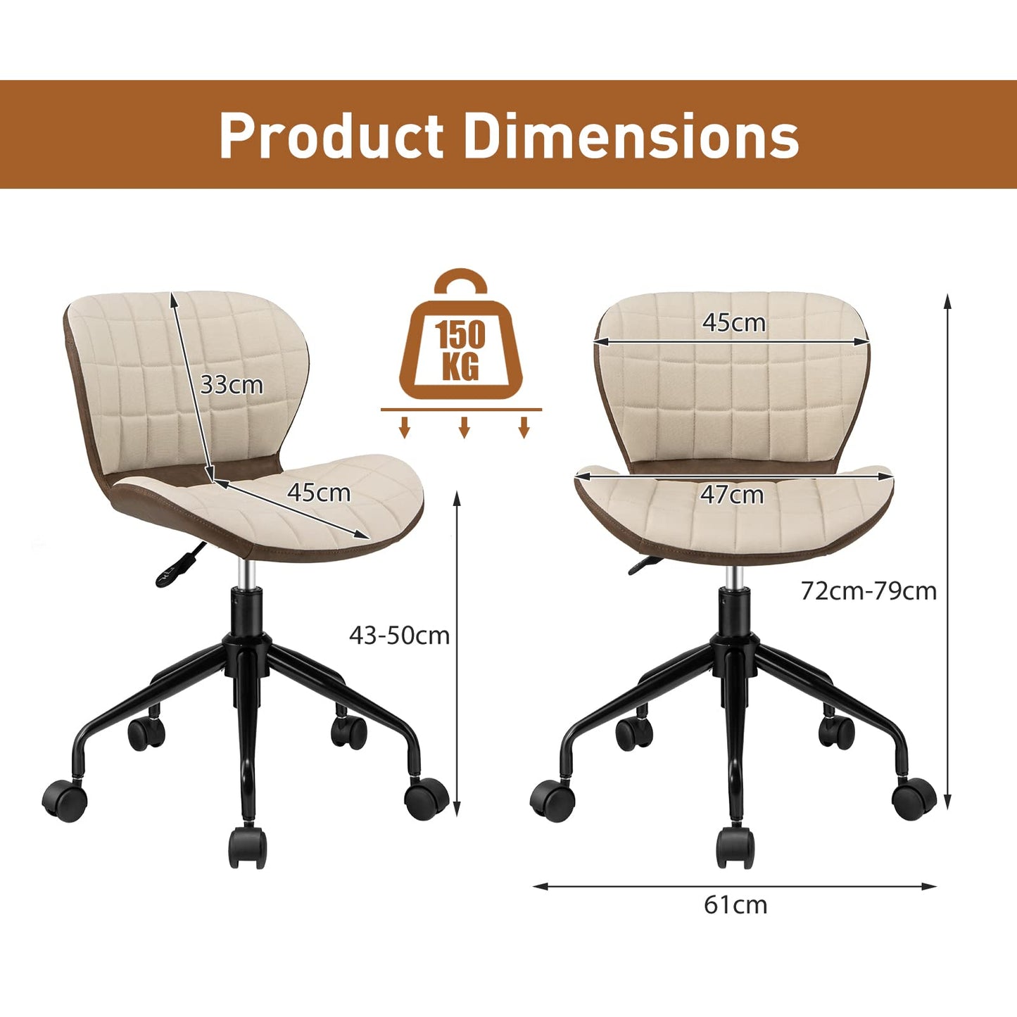 Swivel Office Chair, Ergonomic Height Adjustable Computer Desk Chairs with Wheels, Linen Fabric PU Leather