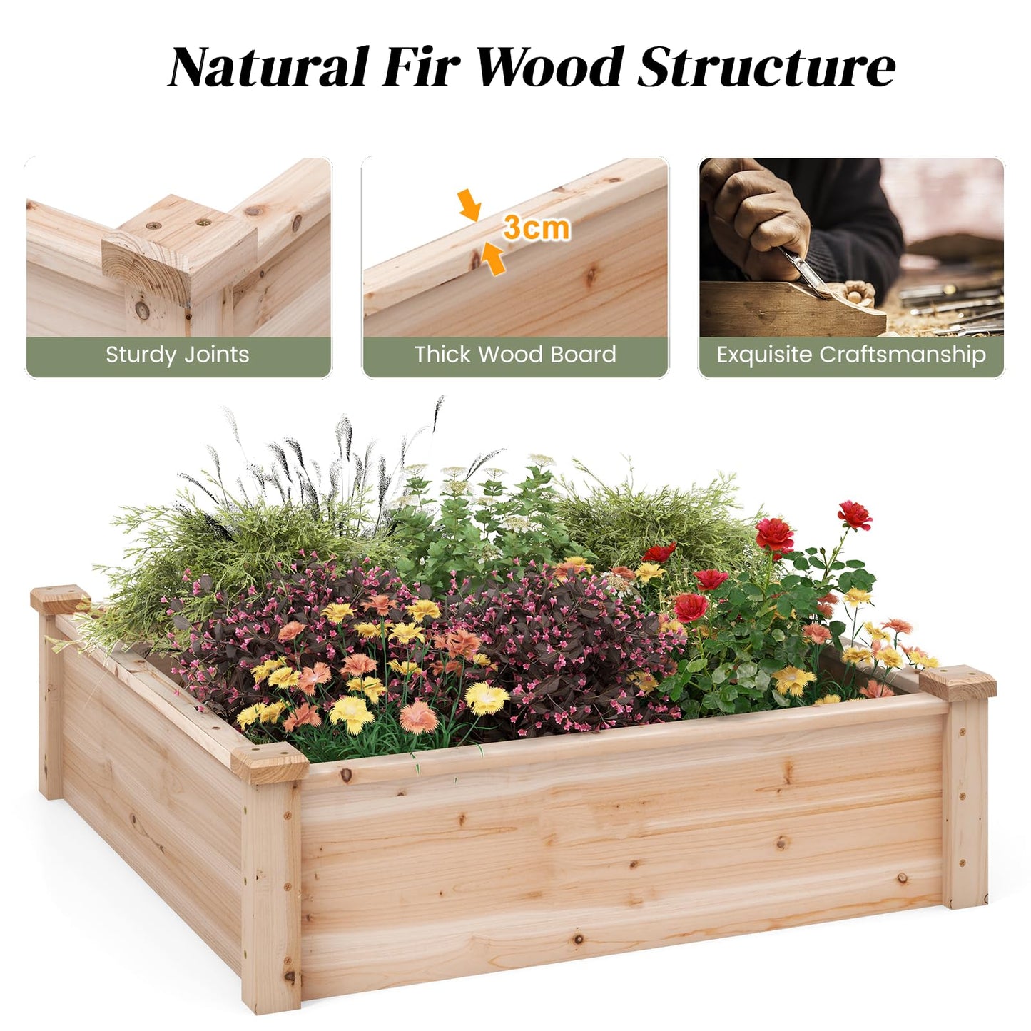 GiantexUK Wooden Raised Garden Bed, Garden Planter Box with Open Bottom(Natural, 102x102x30cm, Square)