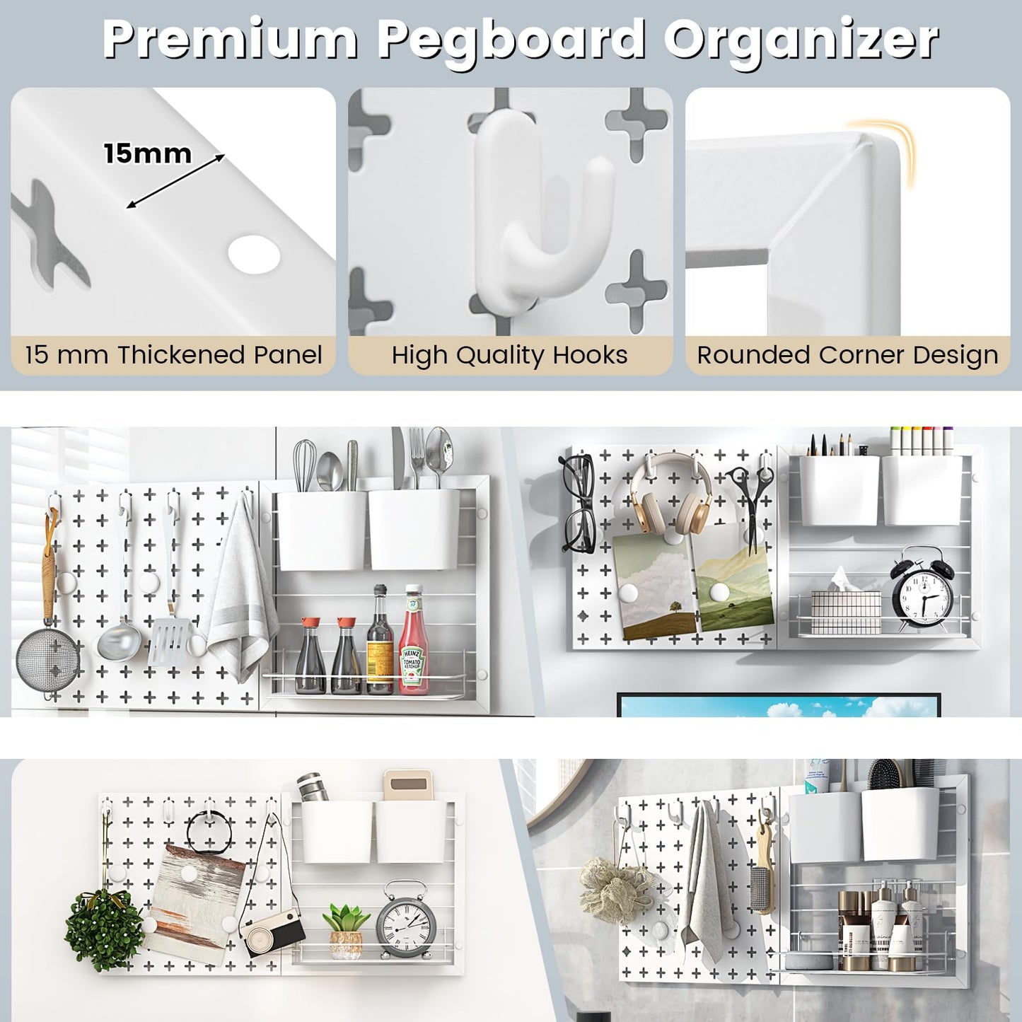 GiantexUK Pegboard Combination Kit, Metal Pegboard Wall Organiser with Shelf, 2 Containers, 4 Hooks & 5 Magnets