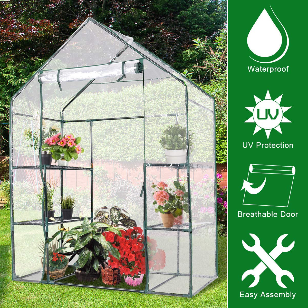 GiantexUK Walk In Greenhouse, 3 Tier Grow House with 4 Mesh Shelves, PVC Cover & Zippered Roll up Door