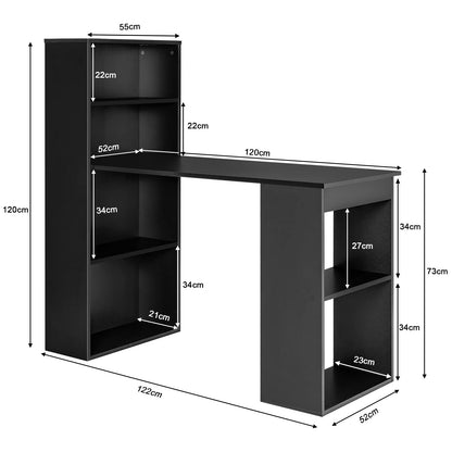 122cm Computer Desk, Wooden PC Laptop Table Writing Workstation with 6-Tier Storage Bookshelves