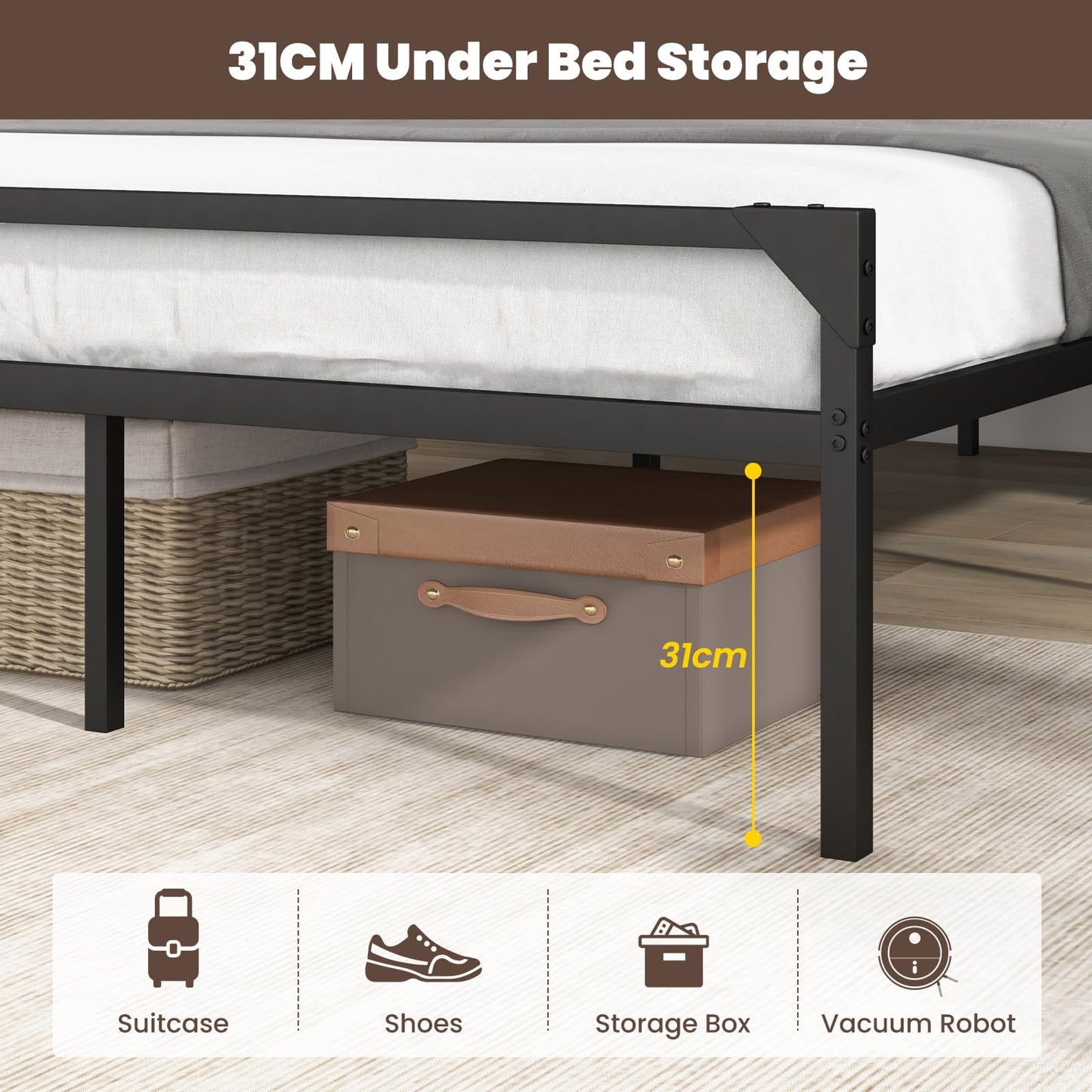 4FT6/5FT Bed Frame, 31cm Full/Queen Size Platform Bed with Rustic Headboard & Footboard