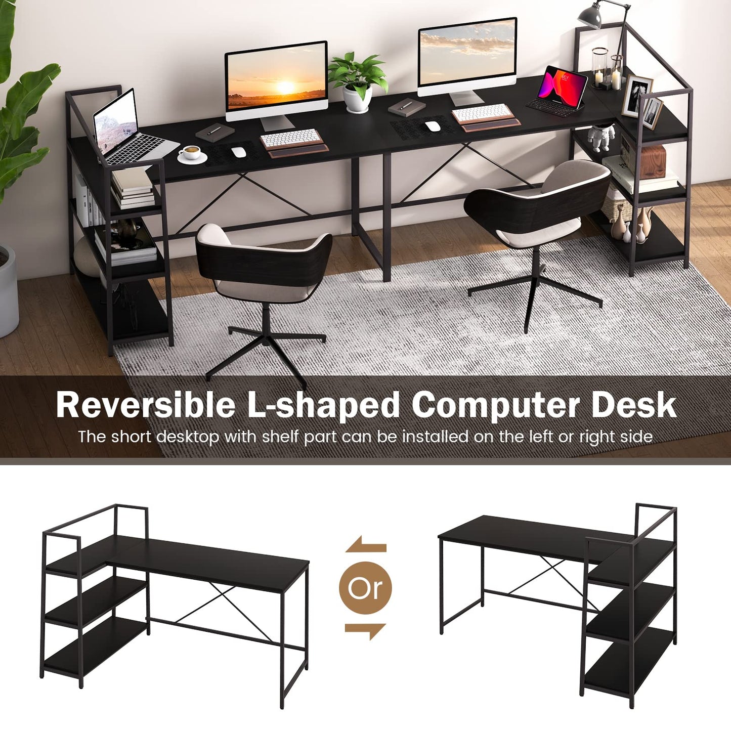 L-Shaped Computer Desk, Large Reversible Corner Desk with Open Storage Shelves