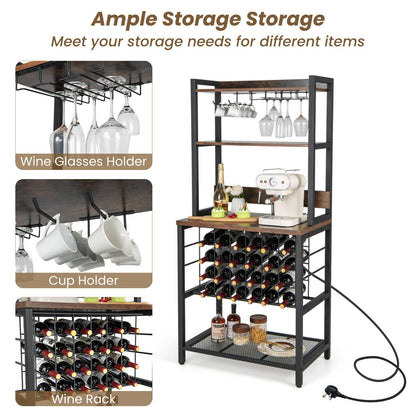 GiantexUK 24 Bottles Wine Rack, 4-Tier Wine Bar Cabinet with Power Outlets, Glass & Cup Holders, Adjustable Feet & Anti-Tipping Device