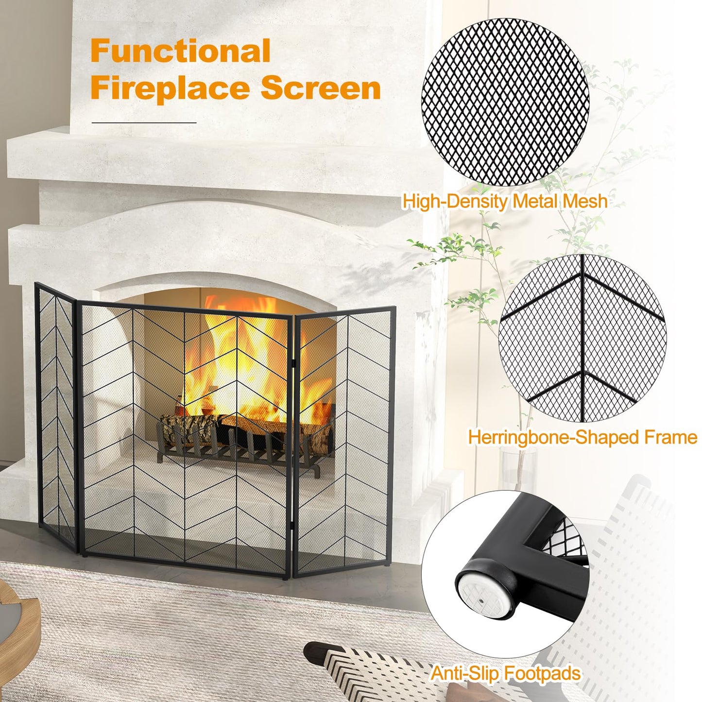 GiantexUK 3-Panel Folding Fire Guard, Heavy Duty Metal Mesh Fireplace Screen, Decorative Freestanding Spark Guard Safety Barrier (Herringbone Pattern, 132x79cm)