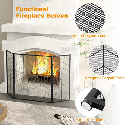 GiantexUK 3-Panel Folding Fire Guard, Heavy Duty Metal Mesh Fireplace Screen, Decorative Freestanding Spark Guard Safety Barrier (Herringbone Pattern, 132x79cm)