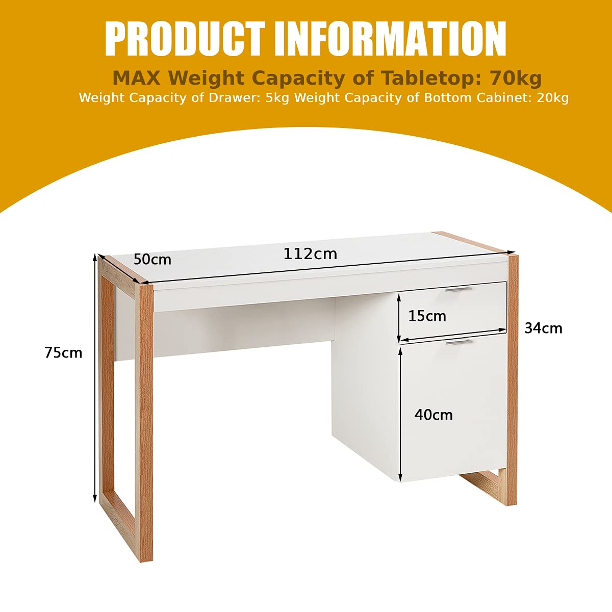 Computer Desk, Wooden Study Table Writing Workstation with Drawer and Cabine, 112x50x75cm, White+Natural