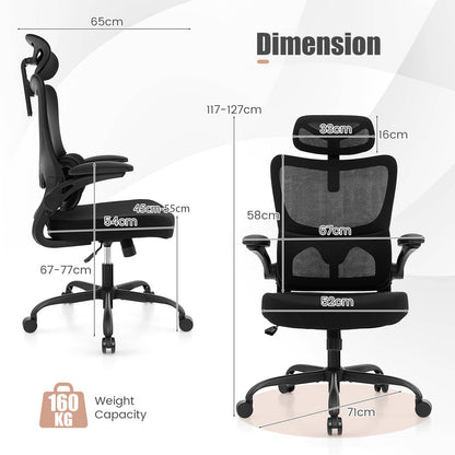 Mesh Office Chair, Ergonomic High Back Swivel Computer Desk Chair with Lumbar Support (71 x 71 x 117-127cm)