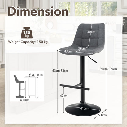 Modern Bar Stools Set of 2, Adjustable Height Counter Dining Chair with Swivel Gas Lift