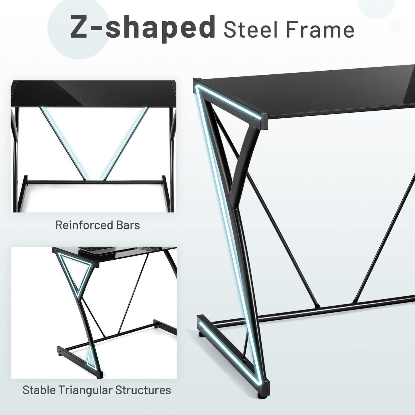 Computer Desk, Modern PC Laptop Table Writing Workstation with Tempered Glass Top, Z-Shaped