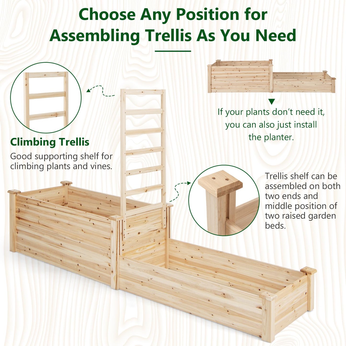 GiantexUK Garden Planter with Trellis, 2-Tier Wooden Raised Garden Bed with Adjustable Trellis