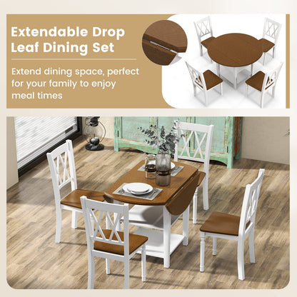 Drop Leaf Dining Table and 4 Chairs, 5 Piece Extendable Kitchen Table Set with 2-Tier Storage Shelf and High Backrest