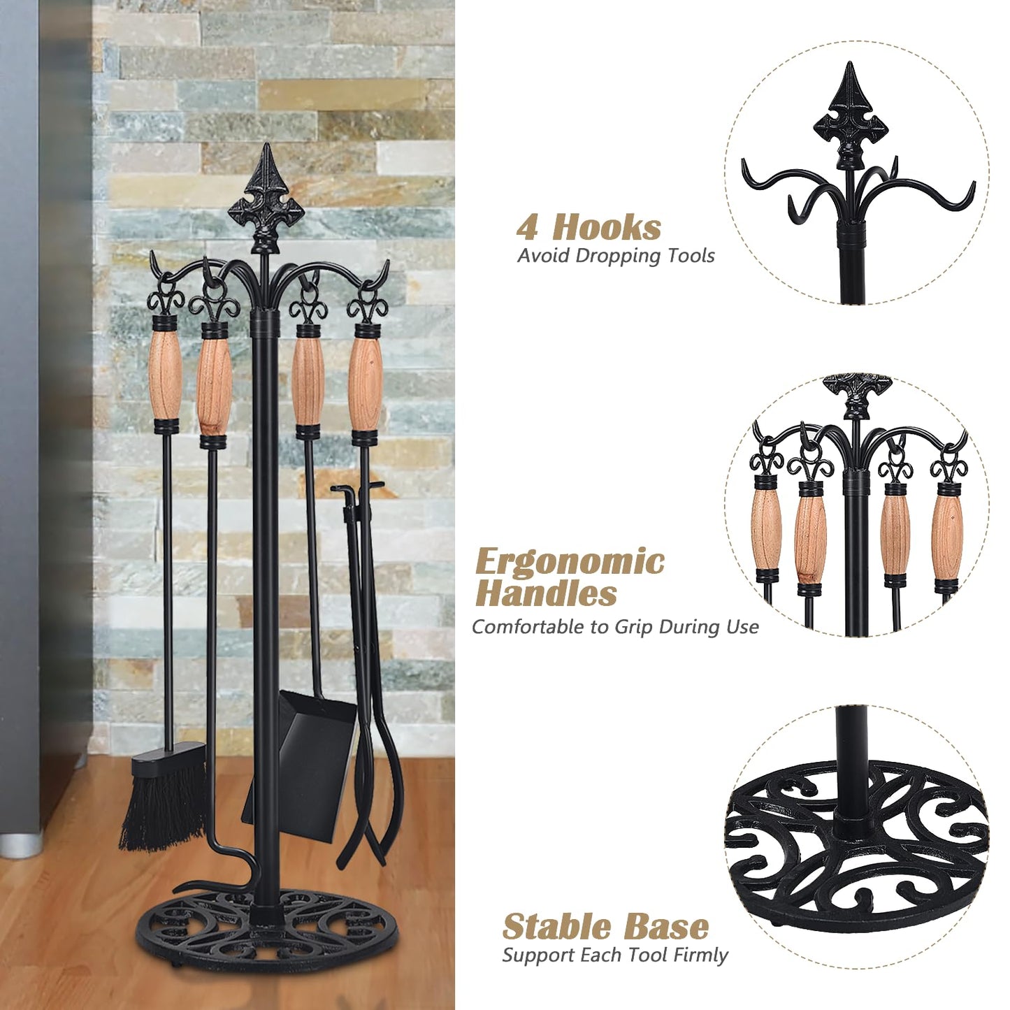 GiantexUK 5-Piece Fireplace Companion Set, Wrought Iron Fire Place Tools Set with Stand, Tong, Shovel, Brush & Poker (Natural + Black, 4 Hooks, Round Base)