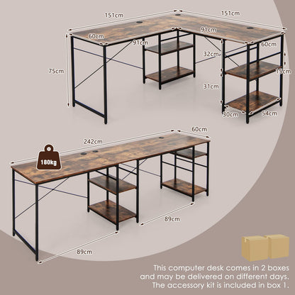 L-Shaped Computer Desk, 242cm Reversible Double Study Writing Workstation for 2 Person