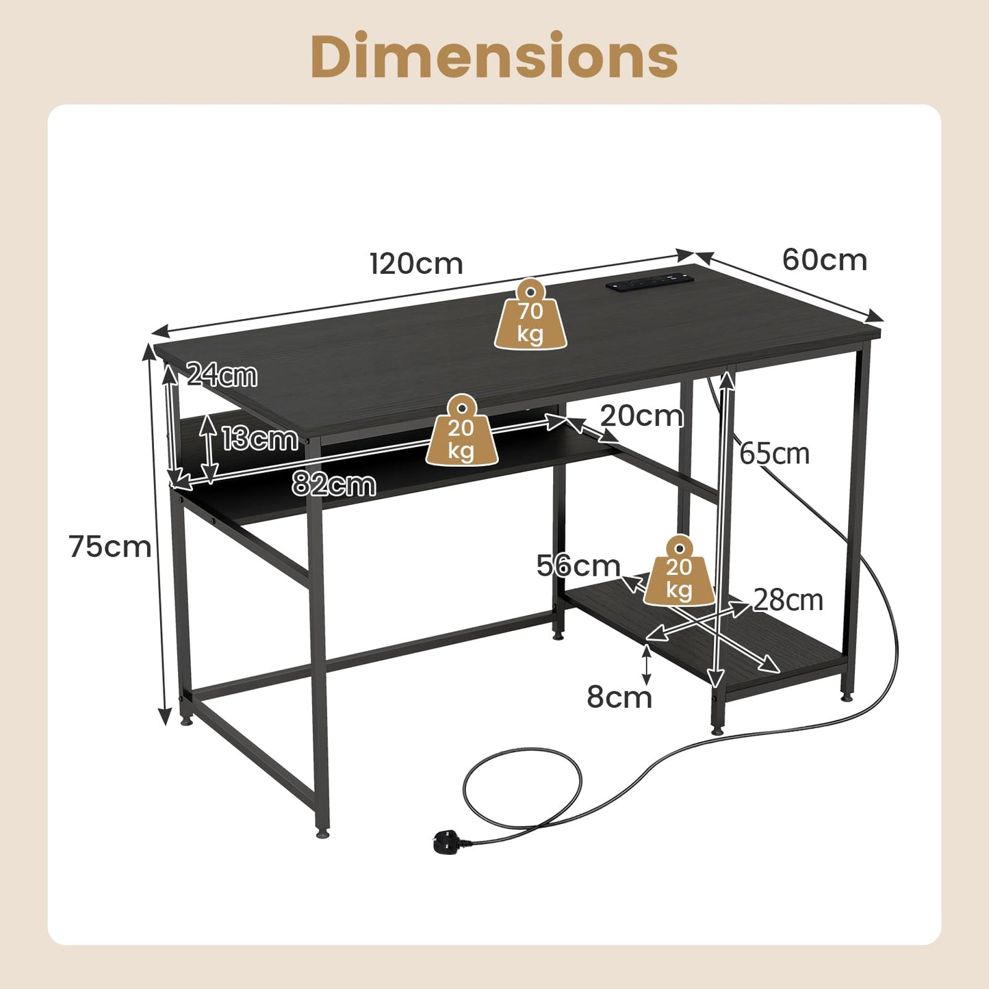 Computer Desk, 120CM Study Table Writing Workstation with Storage Shelf and CPU Stand