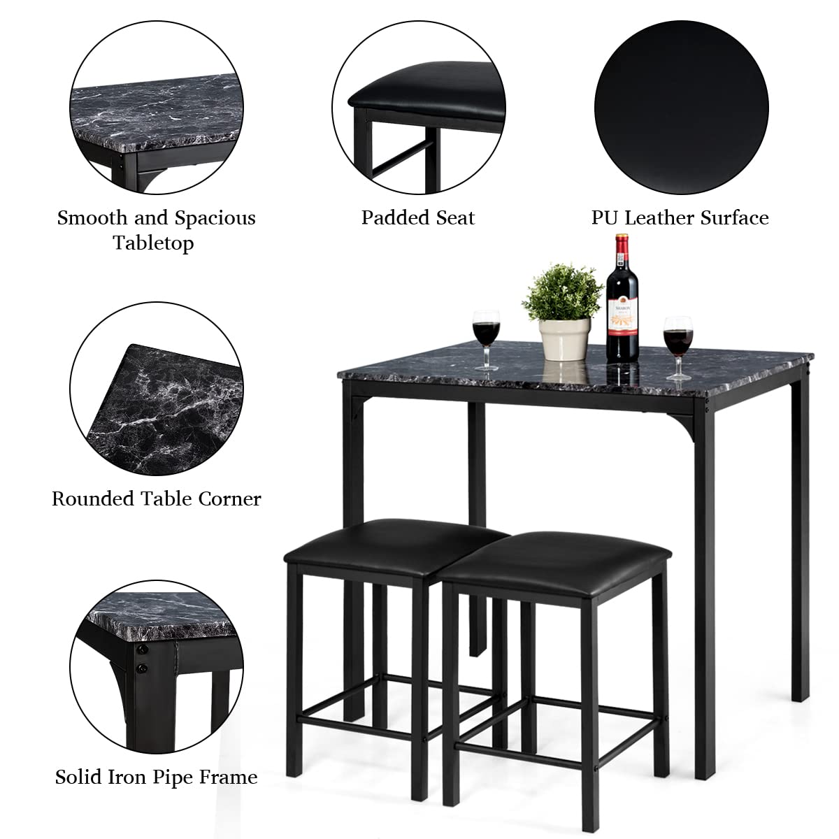 GiantexUK Dining Table Set, Kitchen Counter Table Bar Table and Stools Set with PU Leather Pad