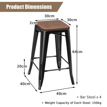 GiantexUK Bar Stools Set of 4, 64 CM Stackable Metal Frame Kitchen Chairs with Elm Wood Seat